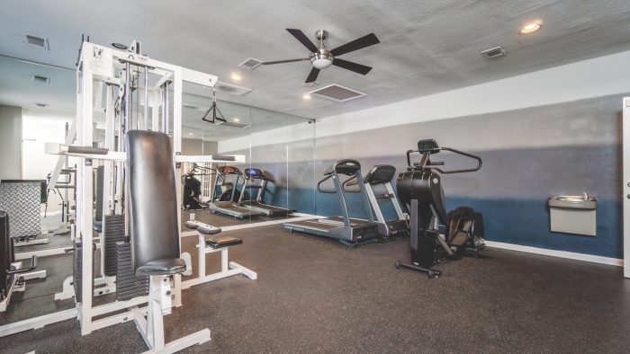 a gym room with a treadmill, exercise equipment and ceiling fan at The Westmount at Copper Mill